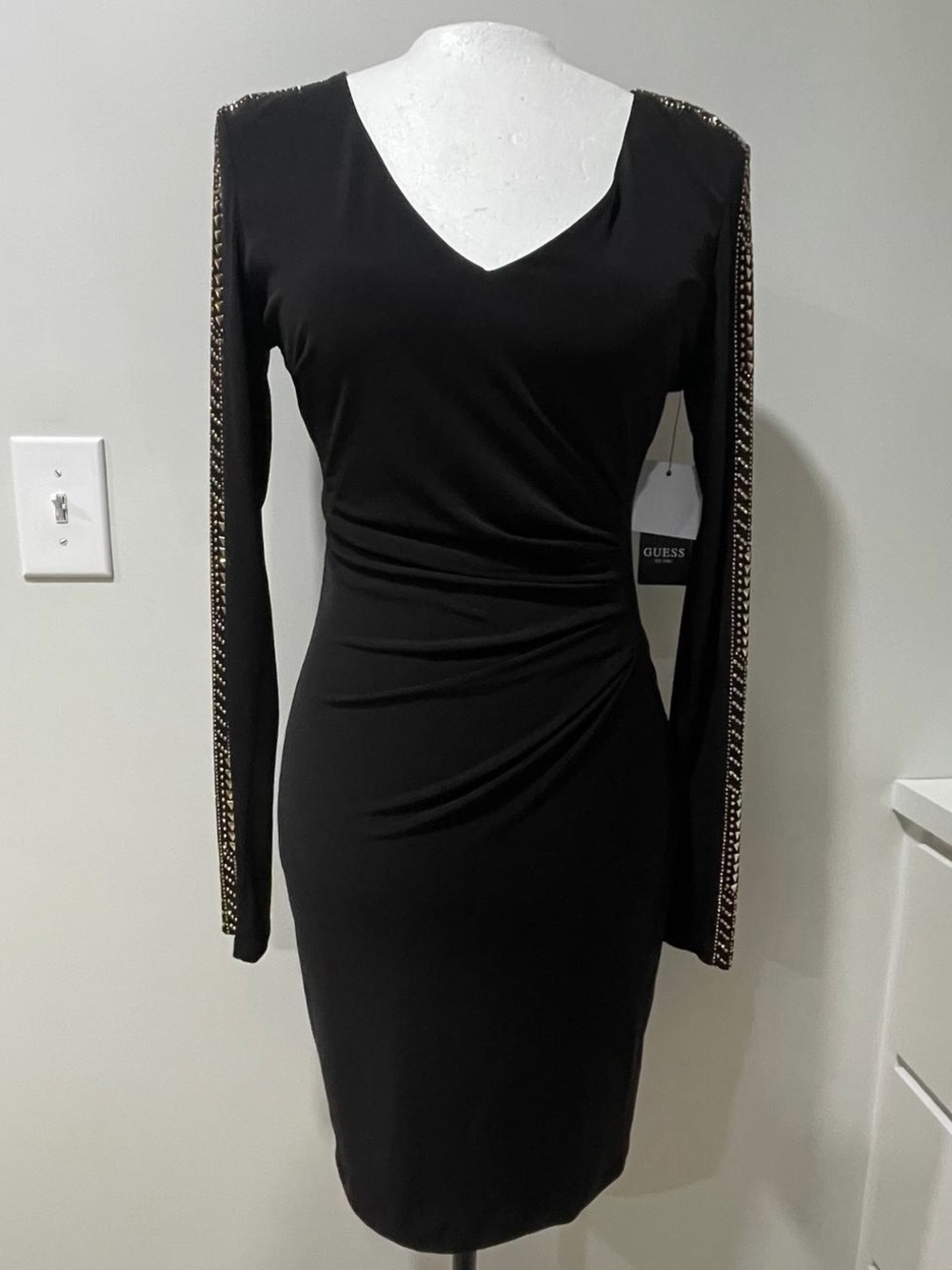 GUESS Studded Long Sleeve Ruched Faux-Wrap
Bodycon Dress Black NWT Size 8